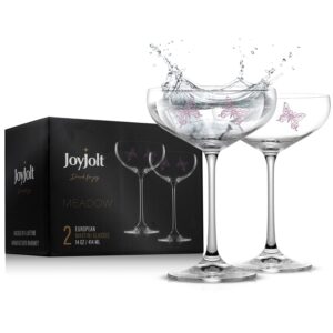 joyjolt meadow butterfly martini glasses – 14oz premium crystal martini glasses set of 2 – exquisite pink butterfly printing – tall manhattan glasses for cocktails, martini, drinks – made in europe