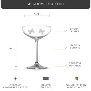 JoyJolt Meadow Butterfly Martini Glasses – 14oz Premium Crystal Martini Glasses Set of 2 – Exquisite Pink Butterfly Printing – Tall Manhattan Glasses for Cocktails, Martini, Drinks – Made in Europe