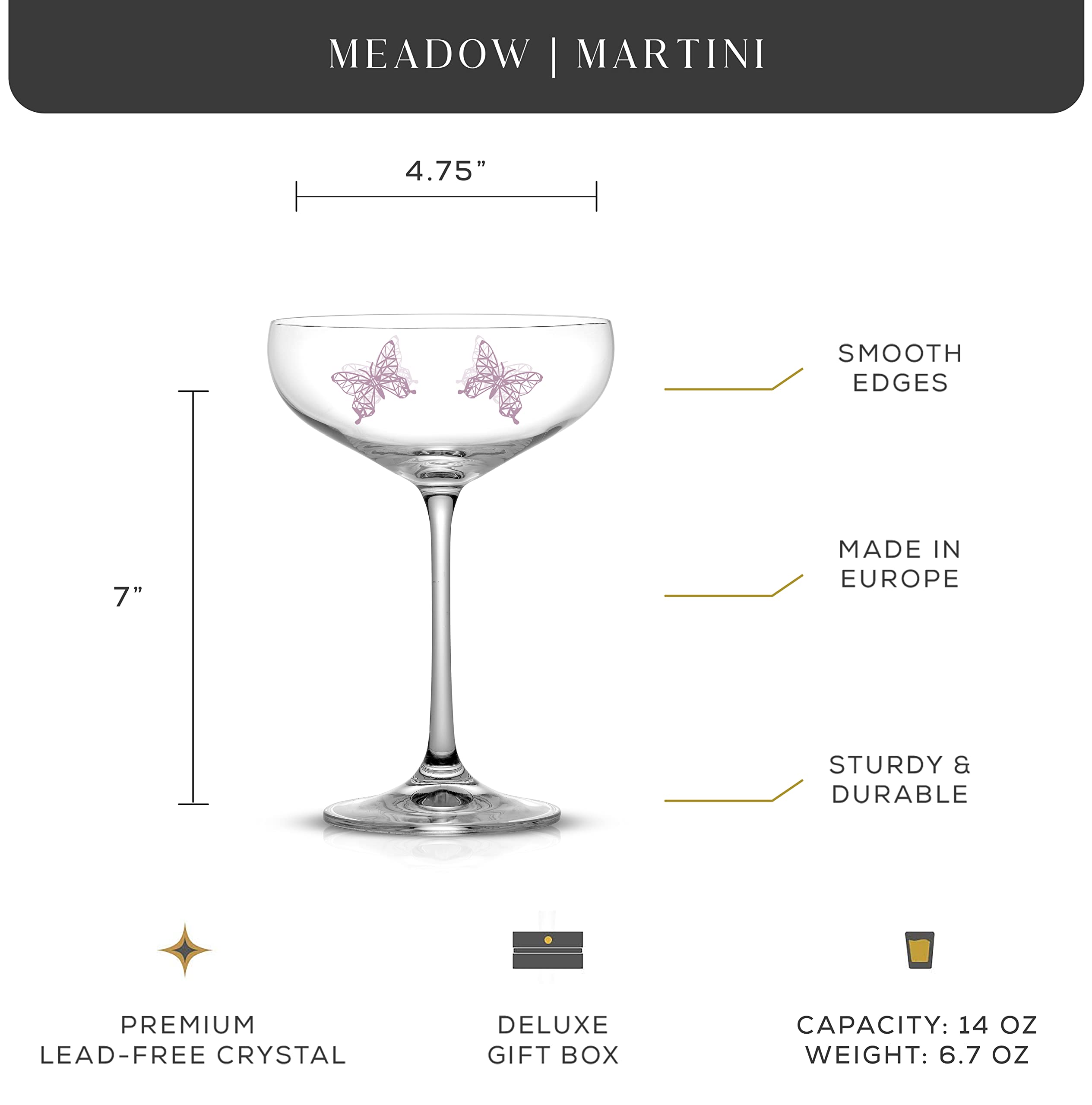 JoyJolt Meadow Butterfly Martini Glasses – 14oz Premium Crystal Martini Glasses Set of 2 – Exquisite Pink Butterfly Printing – Tall Manhattan Glasses for Cocktails, Martini, Drinks – Made in Europe