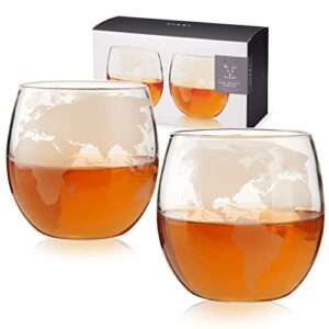 viski globe glass whiskey tumblers, etched glass whiskey enthusiast gift and glassware accessory, 12 oz, set of 2