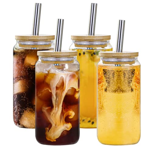 Reusable Drinking Glasses with Bamboo Lids and Stainless Straw,20 OZ(4 Packs) Drinking Glasses Iced Coffee Cup Can Shaped Glass Boba Cups Large Pearl Juices Cocktail Travel Bottle Camping Gifts