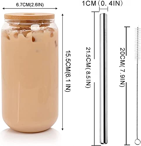 Reusable Drinking Glasses with Bamboo Lids and Stainless Straw,20 OZ(4 Packs) Drinking Glasses Iced Coffee Cup Can Shaped Glass Boba Cups Large Pearl Juices Cocktail Travel Bottle Camping Gifts