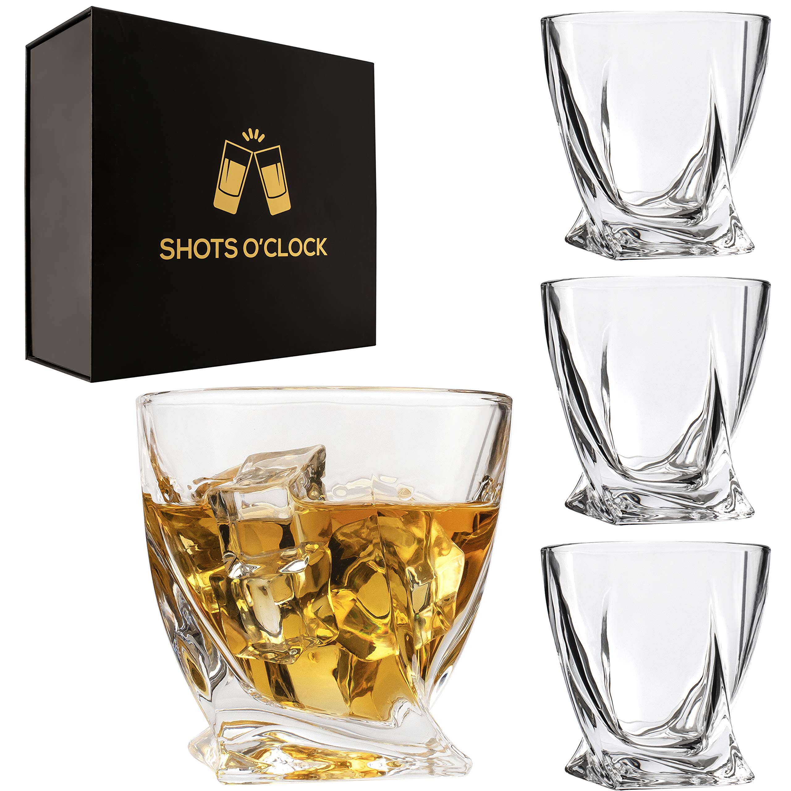 LEMONSODA Premium Twisted Glasses- Elegant Whiskey Glasses for Scotch, Single Malt - Old Fashioned Glass Set in Gift Box - Rocks Whiskey Tumblers for Cocktails - (Set of 4)