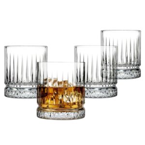 biandeco pink whiskey glasses, lowball rock barware set of 4, colored old fashioned tumbler with heavy base for scotch, bourbon, liquor or cocktail drinking, 12 oz