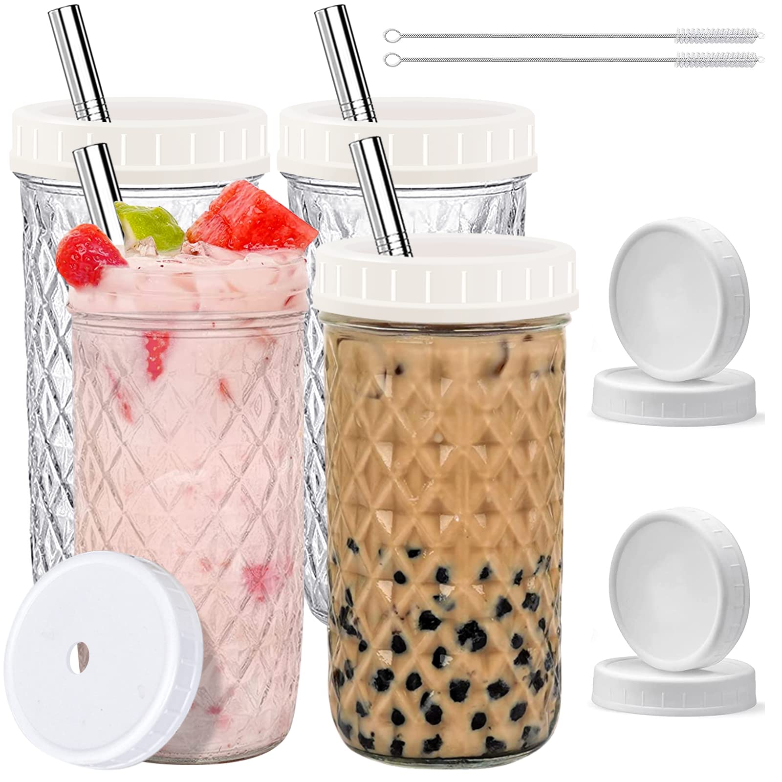 Boba Cup,Reusable Bubble Tea Cup,Glass Cups Set,4 PCS Mason Jar Cups with Lids and Straws& 4 Airtight Lids,22oz Diamond Texture Wide Mouth Iced Coffee Tumbler,Reusable Smoothie Cups,Smoothie, gift