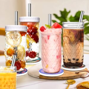 Boba Cup,Reusable Bubble Tea Cup,Glass Cups Set,4 PCS Mason Jar Cups with Lids and Straws& 4 Airtight Lids,22oz Diamond Texture Wide Mouth Iced Coffee Tumbler,Reusable Smoothie Cups,Smoothie, gift