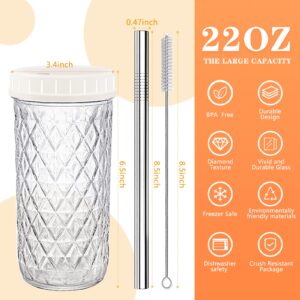 Boba Cup,Reusable Bubble Tea Cup,Glass Cups Set,4 PCS Mason Jar Cups with Lids and Straws& 4 Airtight Lids,22oz Diamond Texture Wide Mouth Iced Coffee Tumbler,Reusable Smoothie Cups,Smoothie, gift