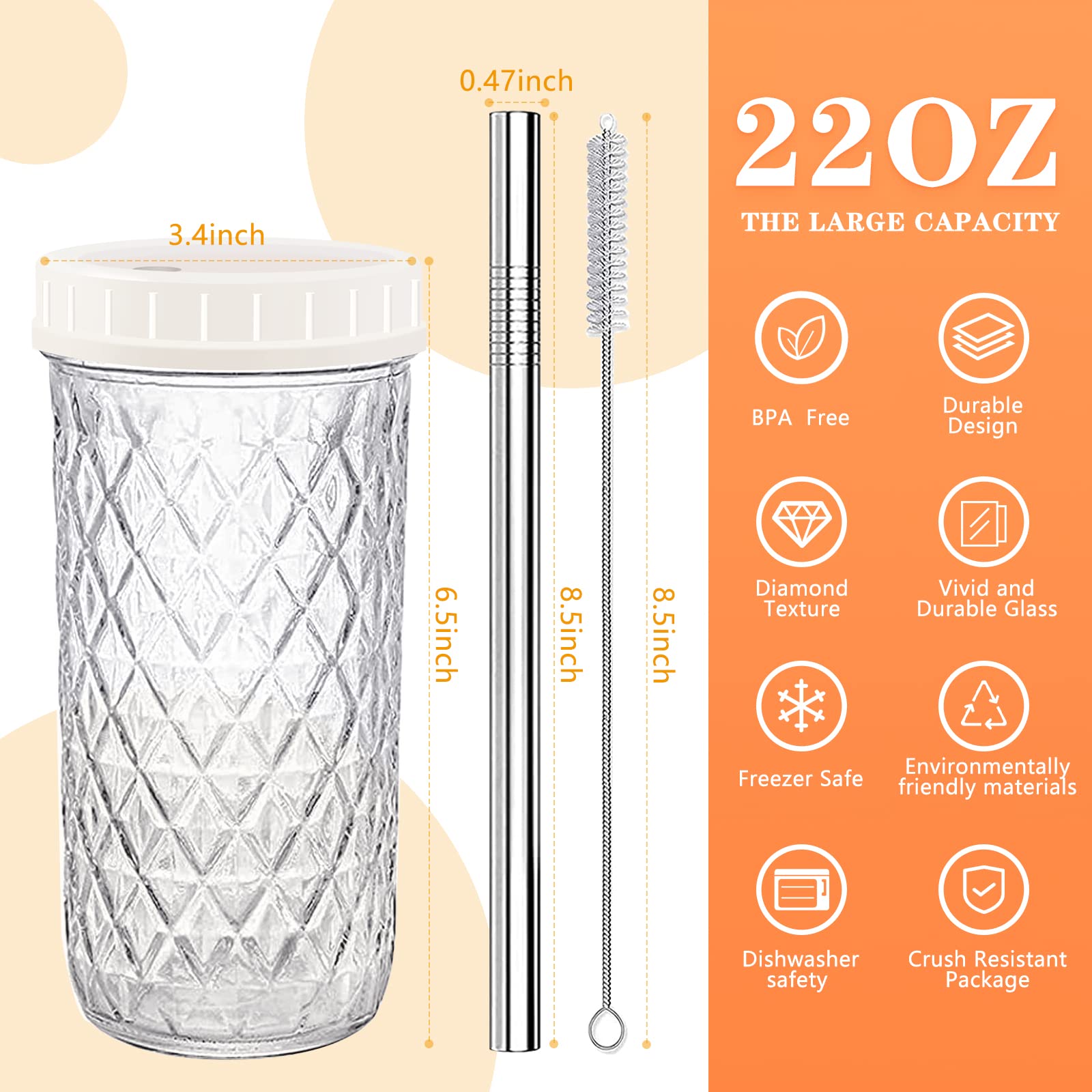 Boba Cup,Reusable Bubble Tea Cup,Glass Cups Set,4 PCS Mason Jar Cups with Lids and Straws& 4 Airtight Lids,22oz Diamond Texture Wide Mouth Iced Coffee Tumbler,Reusable Smoothie Cups,Smoothie, gift