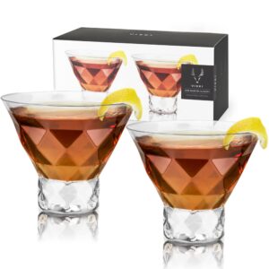 viski raye gem crystal martini glasses set of 2 - stemless glasses for martini, margarita and cocktails, glassware gift set, 7.5 oz