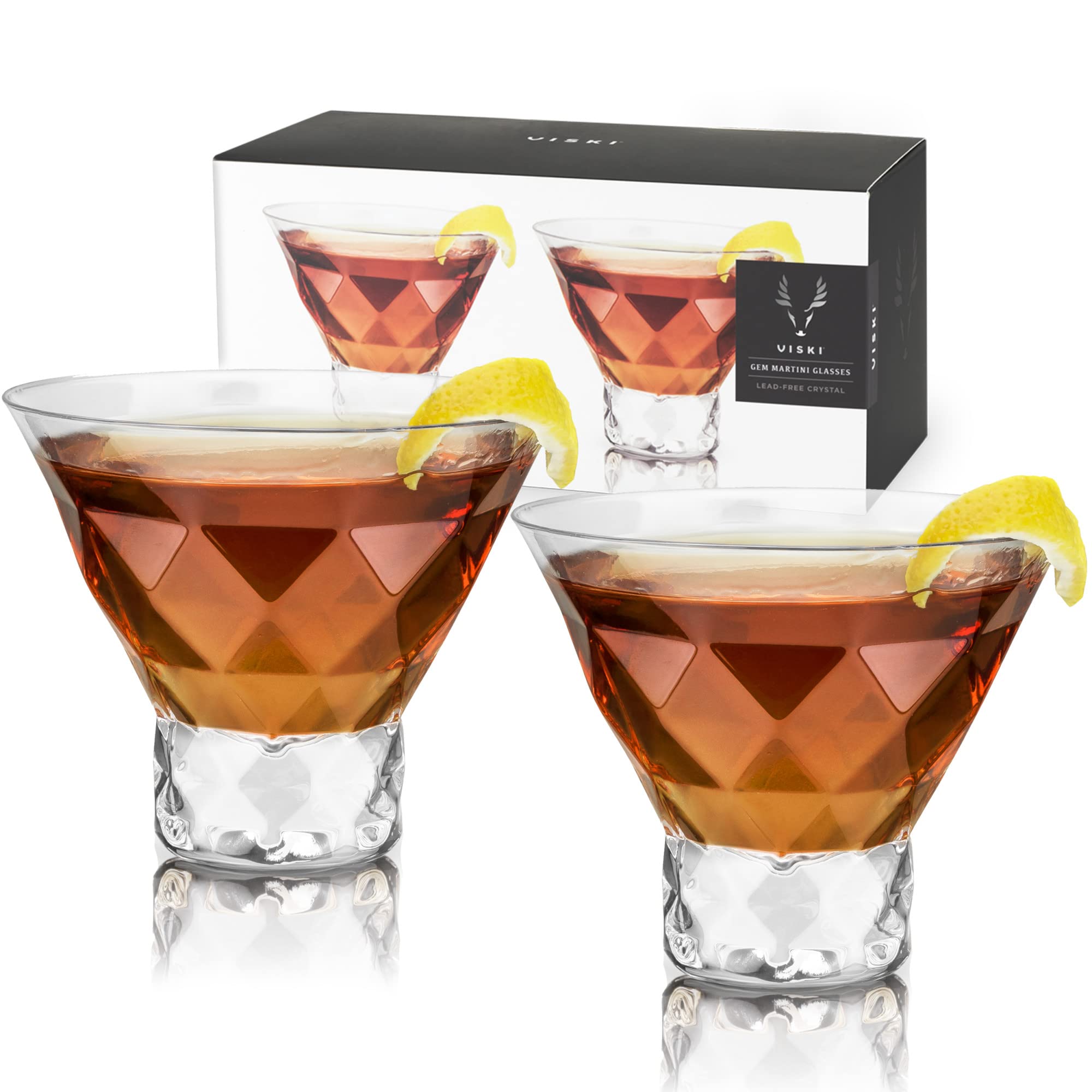 Viski Raye Gem Crystal Martini Glasses Set of 2 - Stemless Glasses for Martini, Margarita and Cocktails, Glassware Gift Set, 7.5 oz