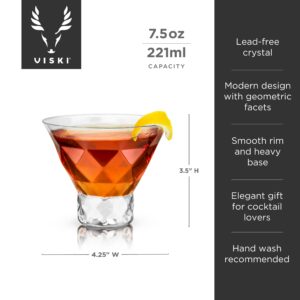 Viski Raye Gem Crystal Martini Glasses Set of 2 - Stemless Glasses for Martini, Margarita and Cocktails, Glassware Gift Set, 7.5 oz