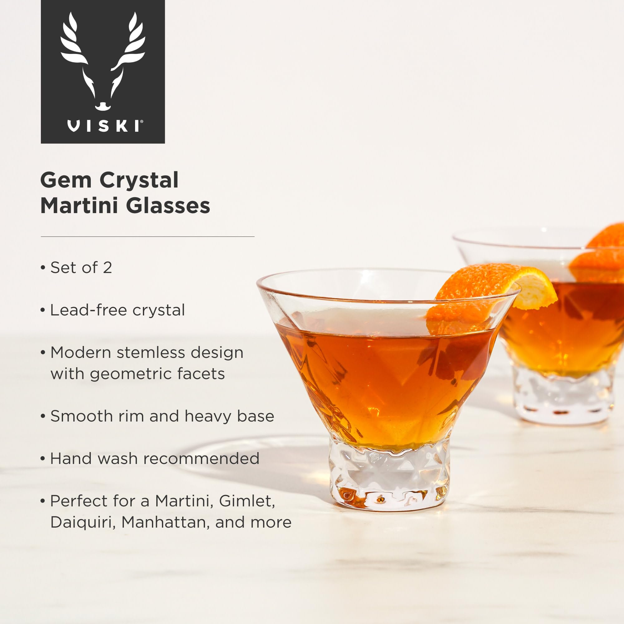 Viski Raye Gem Crystal Martini Glasses Set of 2 - Stemless Glasses for Martini, Margarita and Cocktails, Glassware Gift Set, 7.5 oz