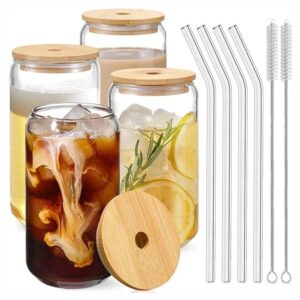 grippystore -4pcs glass cup w/lids straws and cleaning brushes perfect for drinks hot or cold dishwasher safe