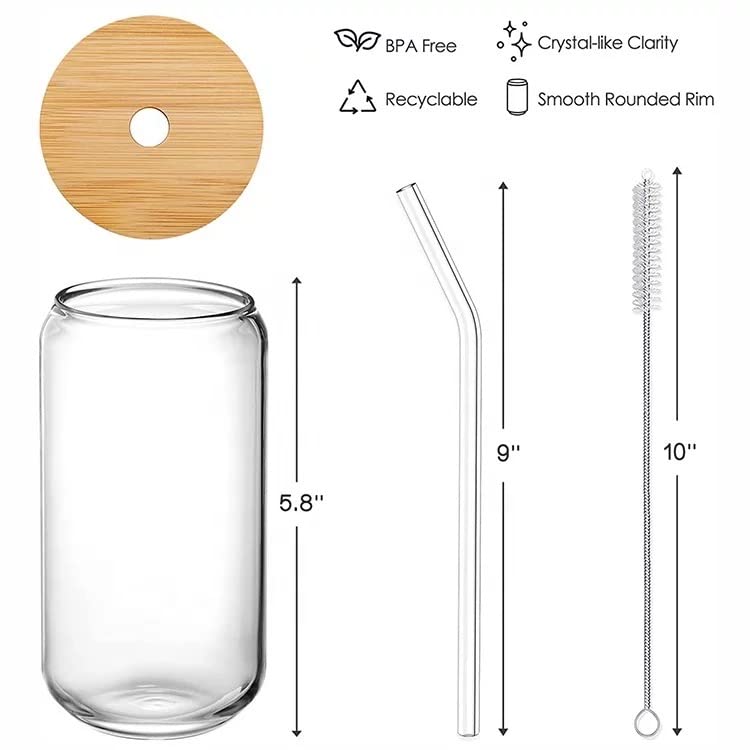 Grippystore -4pcs Glass Cup w/lids straws and Cleaning brushes perfect for drinks hot or cold dishwasher safe