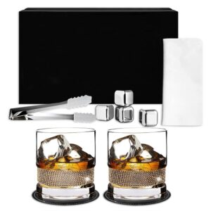 handmglass set of 2 gold whiskey glass gift sets box for mom women couples groom newlywed mr mrs and more & perfect bar accessories for drinking bourbon irish cocktail cognac scotch (clear)
