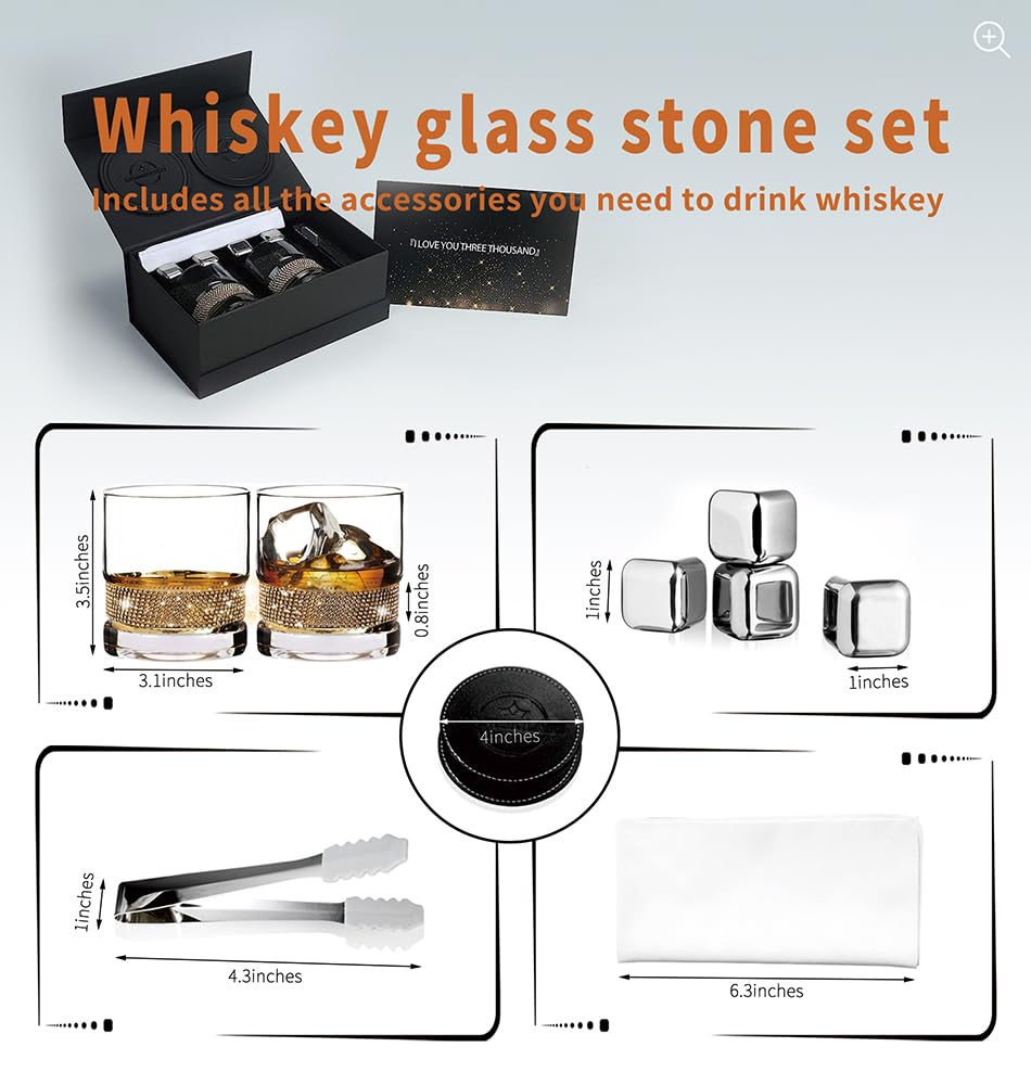 Handmglass Set of 2 Gold Whiskey Glass Gift Sets box for Mom Women Couples Groom Newlywed Mr Mrs and More & Perfect Bar Accessories for Drinking Bourbon Irish Cocktail Cognac Scotch (Clear)