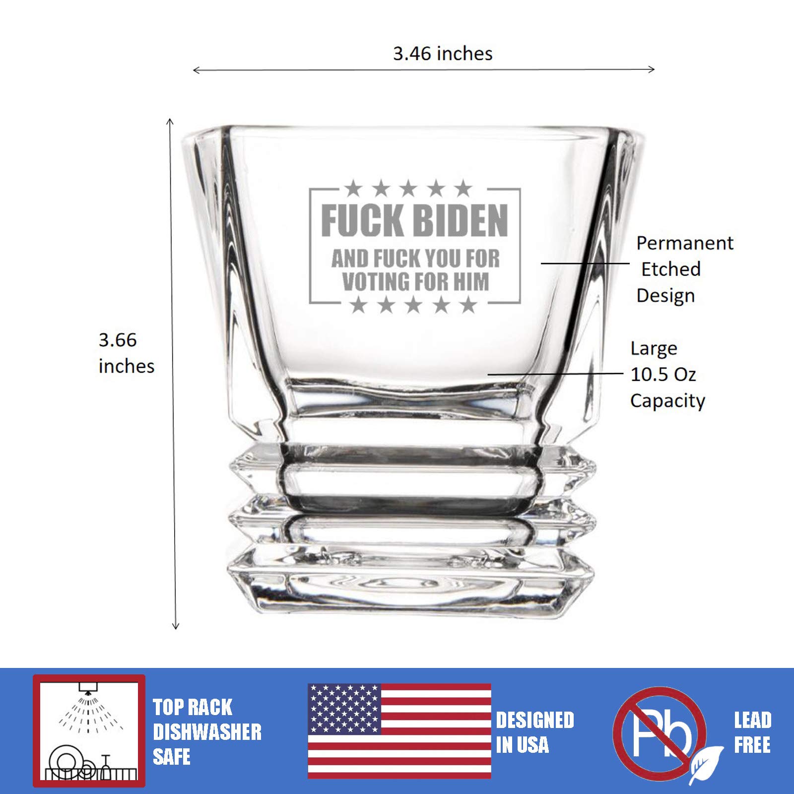 Osci-Fly Anti Biden FK Biden Handmake Ethed Heavy Base Whiskey Crystal Glasses - F You for Voting for Him