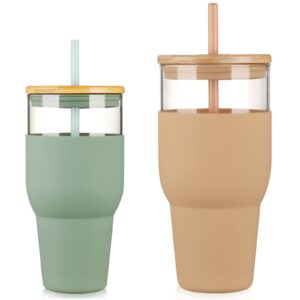 kytffu 32oz glass tumbler with straw and lid, reusable boba smoothie cup iced coffee tumbler with silicone sleeve, fits cup holder glass water bottle bpa free, olive + amber