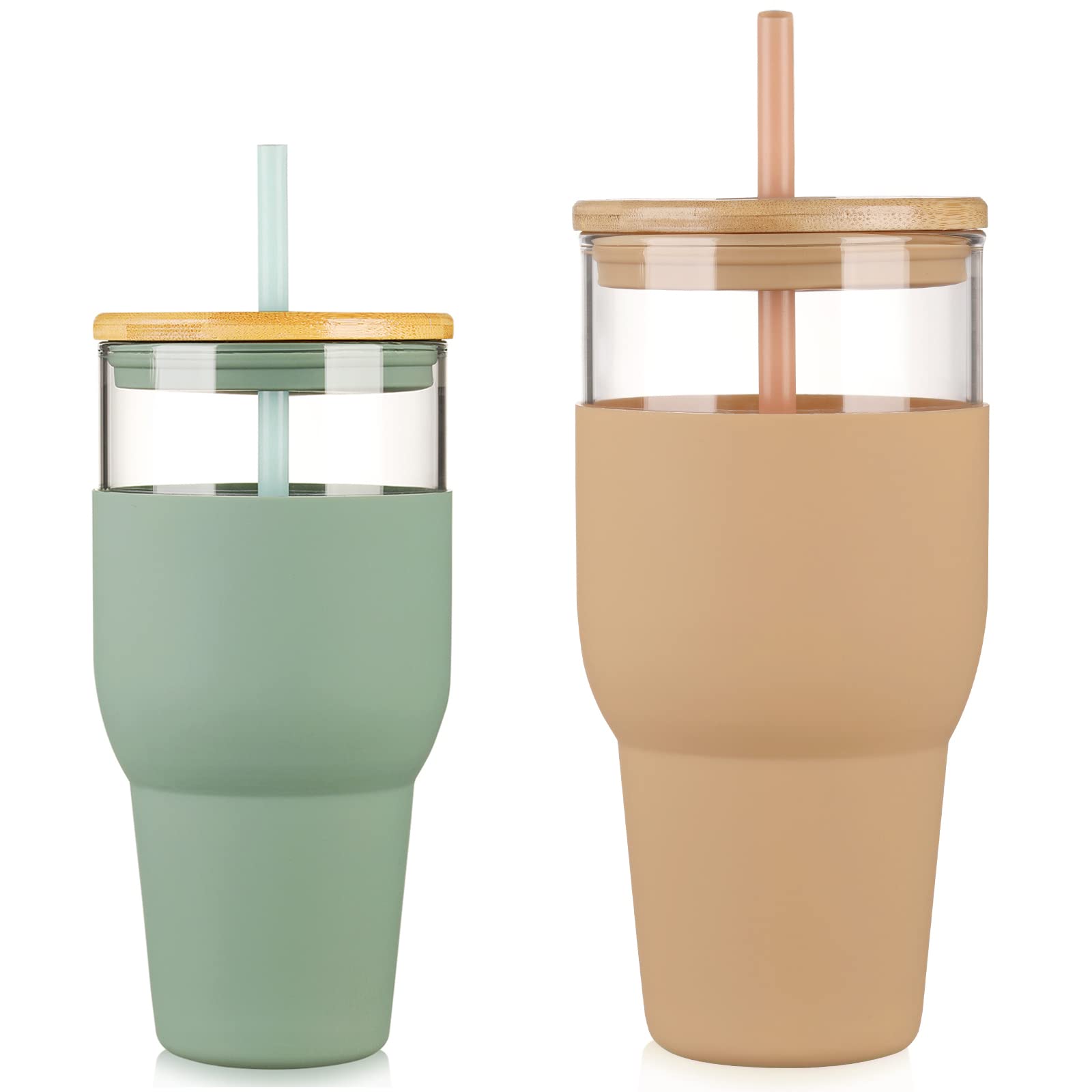 kytffu 32oz Glass Tumbler with Straw and Lid, Reusable Boba Smoothie Cup Iced Coffee Tumbler with Silicone Sleeve, Fits Cup Holder Glass Water Bottle BPA Free, Olive + Amber