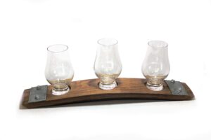 barrel-art barrel stave premium 3 glass whiskey flight serving tray with glencairn glasses, dark walnut