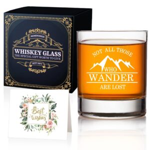 agmdesign, funny not all those who wander are lost whiskey glasses, unique gift idea for outdoor mountaineering enthusiasts, for a wanderlusting hiker and camper friend