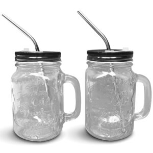 Home Suave Mason Jar Mugs with Handle, Regular Mouth, Colorful Lids with 2 Reusable Stainless Steel Straw, Set of 2 (Black), Kitchen GLASS 16 oz Jars,Refreshing Ice Cold Drink & Dishwasher Safe