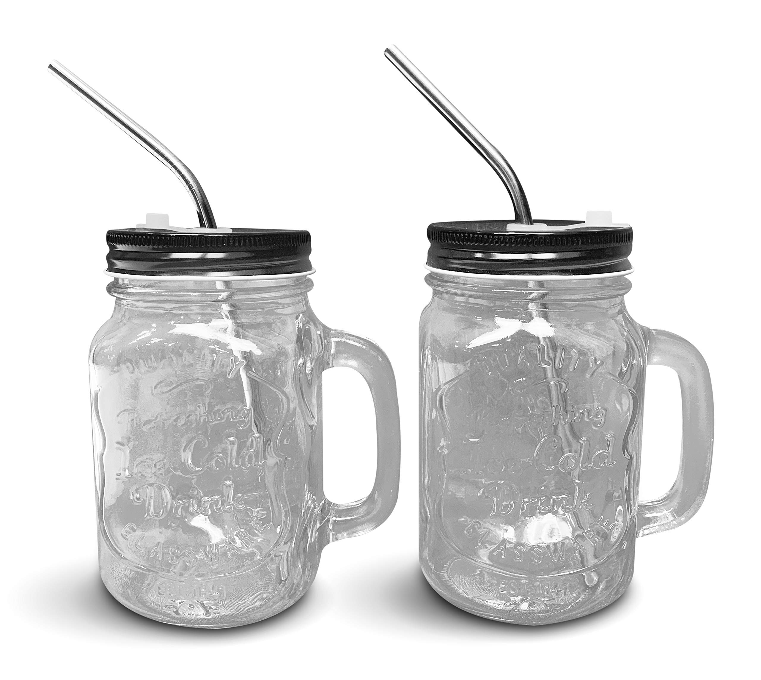 Home Suave Mason Jar Mugs with Handle, Regular Mouth, Colorful Lids with 2 Reusable Stainless Steel Straw, Set of 2 (Black), Kitchen GLASS 16 oz Jars,Refreshing Ice Cold Drink & Dishwasher Safe