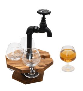 owlgift industrial pipe & burnt wood beer/whiskey flight set with 4 glasses, cast iron faucet spigot design