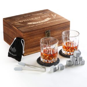 whiskey gifts for men, 10oz whiskey glasses set of 2 with unique wooden box 8 chilling whiskey stones fashioned bourbon glasses bourbon gifts for wedding anniversary christmas birthday party holiday