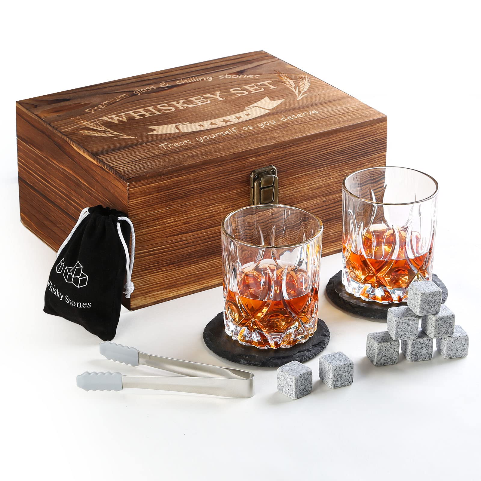 Whiskey Gifts for Men, 10oz Whiskey Glasses Set of 2 with Unique Wooden Box 8 Chilling Whiskey Stones Fashioned Bourbon Glasses Bourbon Gifts for Wedding Anniversary Christmas Birthday Party Holiday