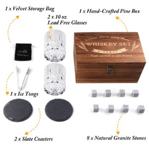 Whiskey Gifts for Men, 10oz Whiskey Glasses Set of 2 with Unique Wooden Box 8 Chilling Whiskey Stones Fashioned Bourbon Glasses Bourbon Gifts for Wedding Anniversary Christmas Birthday Party Holiday