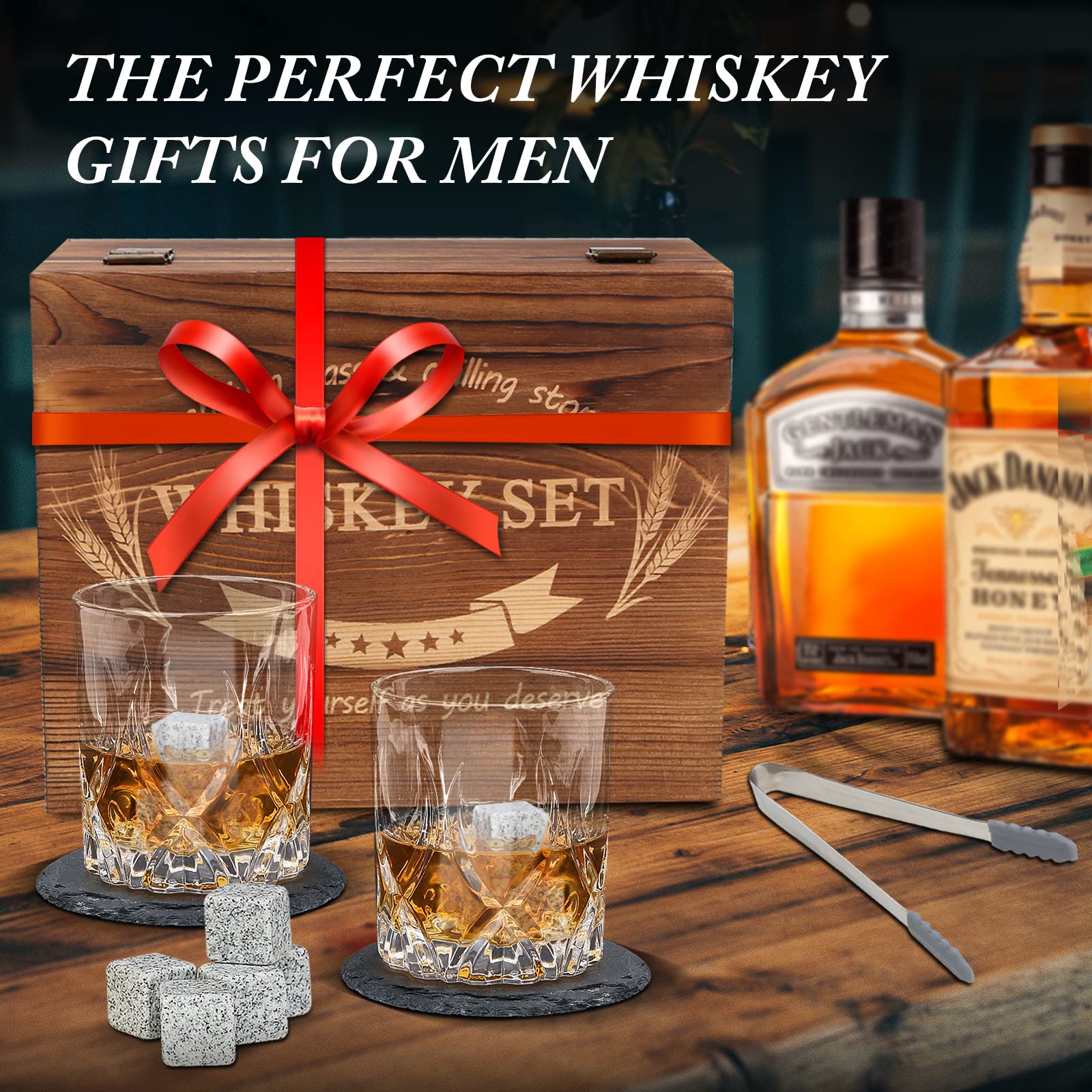 Whiskey Gifts for Men, 10oz Whiskey Glasses Set of 2 with Unique Wooden Box 8 Chilling Whiskey Stones Fashioned Bourbon Glasses Bourbon Gifts for Wedding Anniversary Christmas Birthday Party Holiday