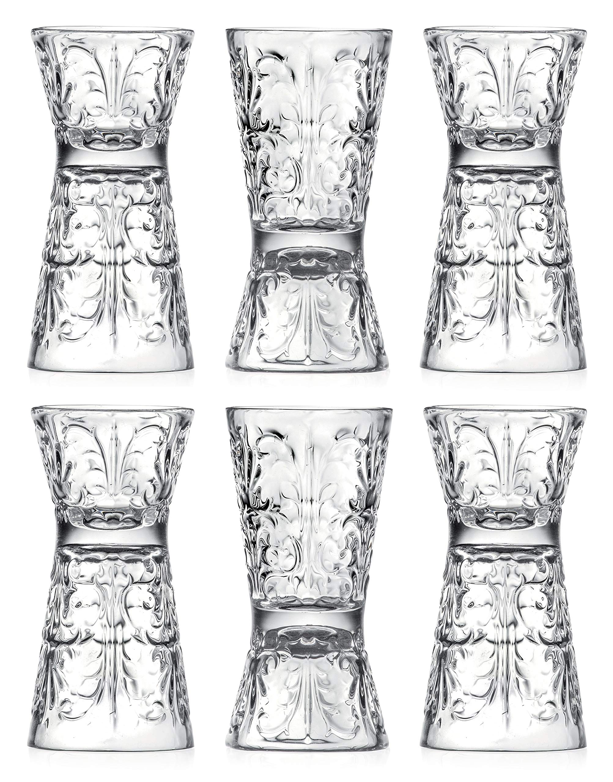 Glass - Reversible Shot Glass - Jigger Tumbler - Designed Tumblers - Use for Liquor - Vodka - Cocktail - Set of 6 Glasses - One side is 1 oz, Other Side is 2 oz. - Made in Europe - By Barski