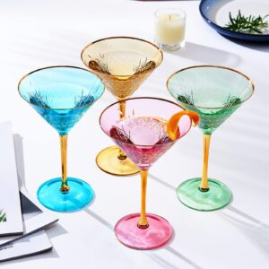 crystal martini glasses colored - set of 4 - stemmed multi-color glass, great for all drink types and occasions - luxury, durable, hand-blown vintage art deco coupe for champagne, martini, cocktails