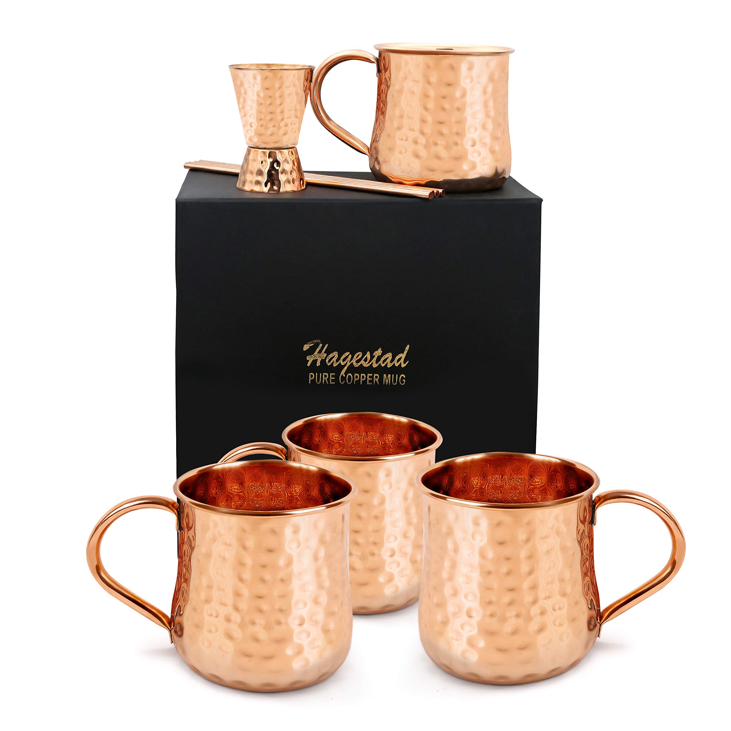 Moscow Mule Cups Set of 4. Copper Mugs Made from Pure Hammered Copper. Mule Mug Kit with Copper Shot Glass and Straws - 16oz