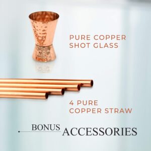 Moscow Mule Cups Set of 4. Copper Mugs Made from Pure Hammered Copper. Mule Mug Kit with Copper Shot Glass and Straws - 16oz