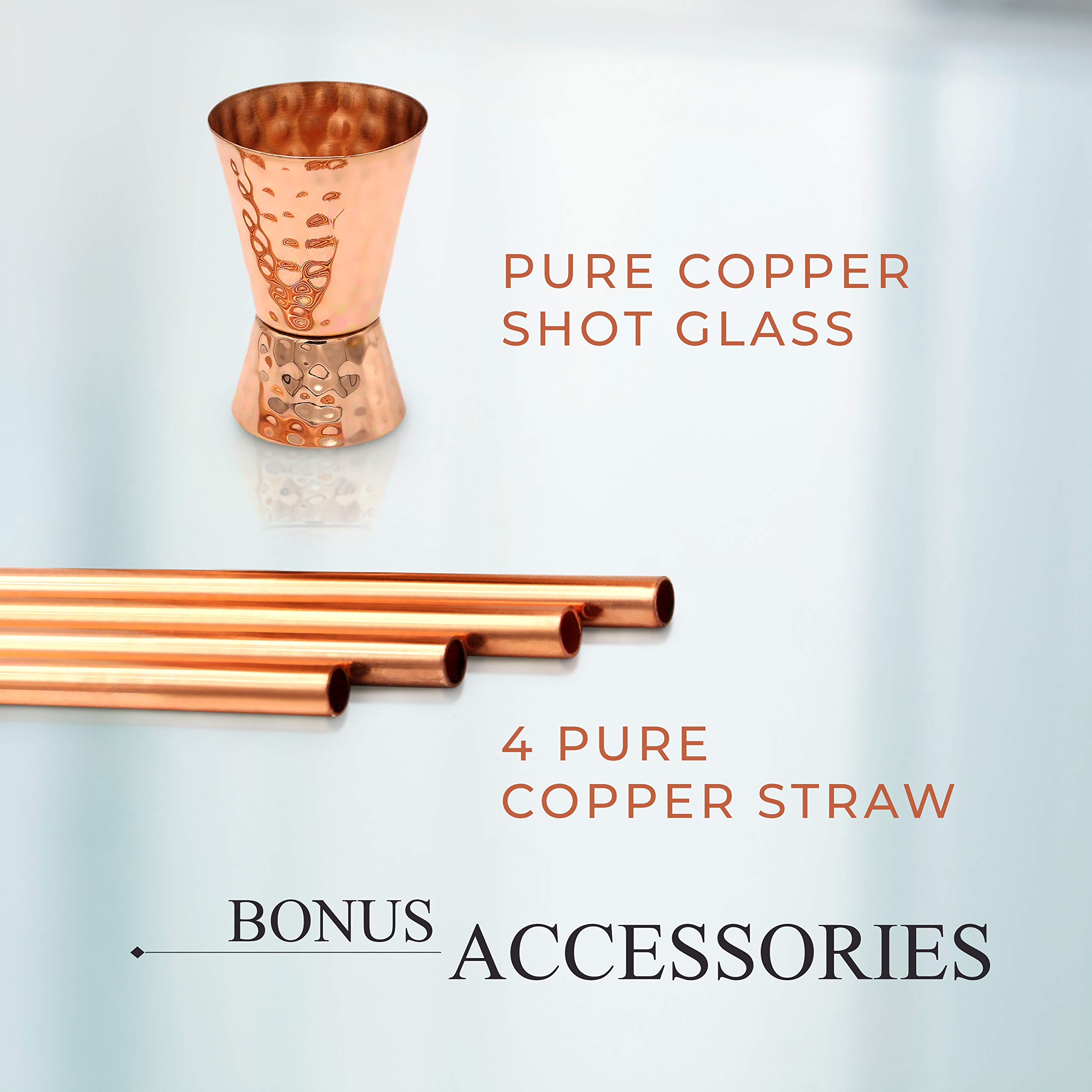 Moscow Mule Cups Set of 4. Copper Mugs Made from Pure Hammered Copper. Mule Mug Kit with Copper Shot Glass and Straws - 16oz