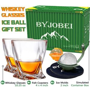 Whiskey Glasses Set, 2 Twisted Old Fashioned Lowball Bar Tumblers 2 Ice Ball Molds 2 Coasters In Gift Box, 11 Oz Rock Barware for Bourbon Scotch Cocktail Vodka, Unique Gifts for Men