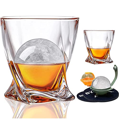 Whiskey Glasses Set, 2 Twisted Old Fashioned Lowball Bar Tumblers 2 Ice Ball Molds 2 Coasters In Gift Box, 11 Oz Rock Barware for Bourbon Scotch Cocktail Vodka, Unique Gifts for Men