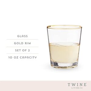 Twine Gilded Tumblers, Gold Rimmed Clear Cocktail Glass Set, Lowball Glassware, Set of 2, 10 oz, Gold and Clear