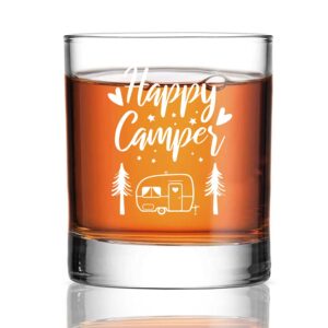 perfectinsoy happy camper whiskey glass, glamping rv kitchen accessories, camping wine glass, camper gift for him, boyfriend, husband, dad, camping enthusiast, father's day, birthday gift