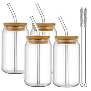 cakrety glasses with bamboo lids and glass straw 4pcs set, 16oz can shaped glass cups, beer glasses, iced coffee glasses, soda, gift 2 cleaning brushes