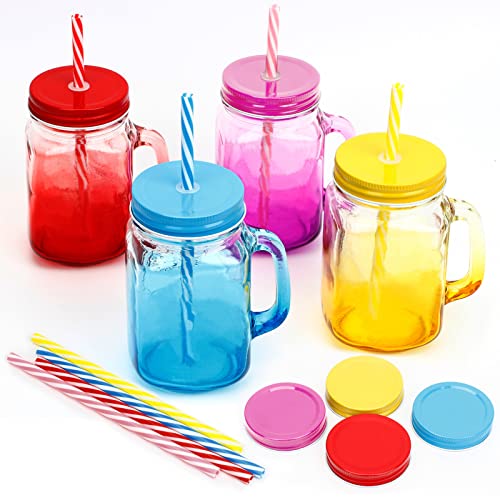 QUIENKITCH 16OZ Mason Jar with Lid and Straw, Set of 4 Colored Mason Jar Drinking Glasses Mason Jar Cups with Handle for Iced Coffee Large Pearl Juices Cocktail