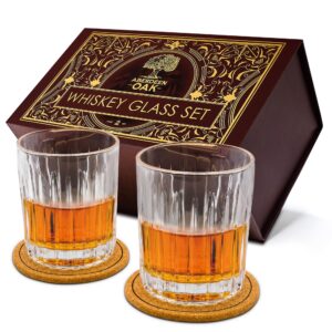 aberdeen oak crystal whiskey glasses set - timeless old fashioned liquor glass with coasters - perfect for bourbon & cocktails, ideal gift for men & whisky enthusiasts - 2 piece set