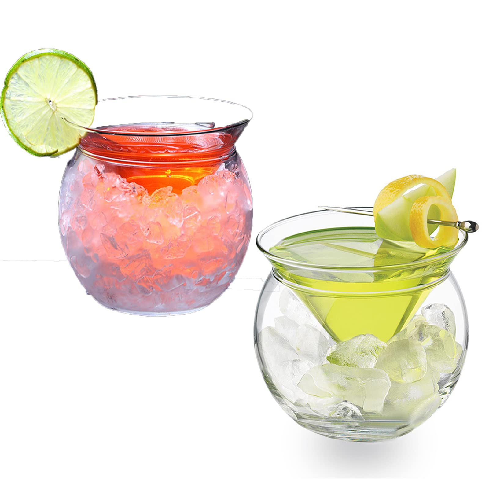 MISNODE 5OZ Stemless Martini Glasses with Chiller Set of 2, Glass Caviar Chiller Server Set with Server Bowl, Cocktail Glass with Ice Holder for Martini Wine Liquor Cocktails Margarita