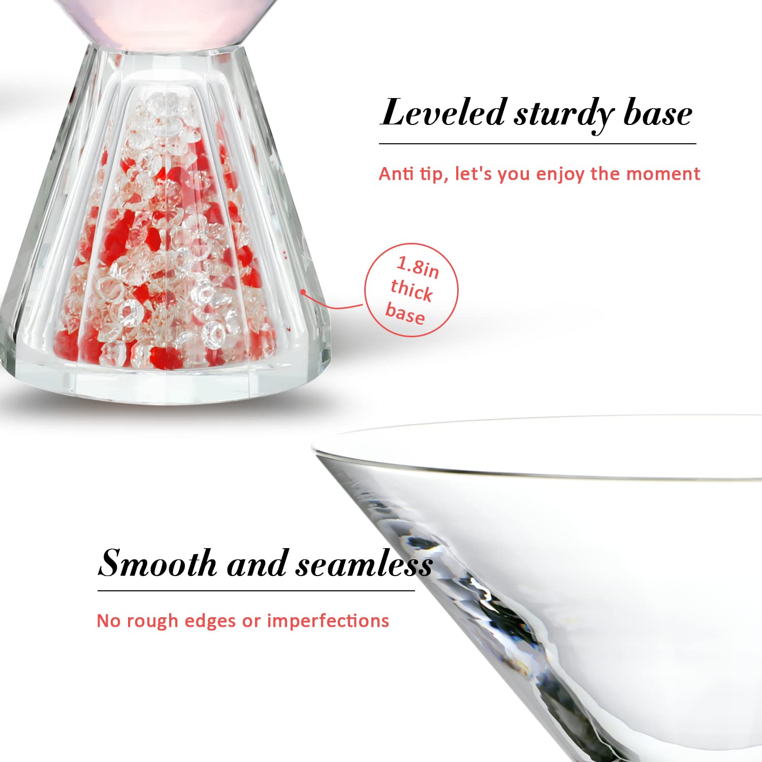 H&D HYALINE & DORA 7oz 2pcs Martini Glasses with Stylish Diamond Bases,Cocktail Glassware,Great for Martini, Cocktail, Whiskey, Margarita, Juice Glasses,Diamond Will Not Leak Off(Red)