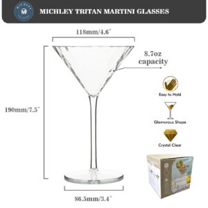 MICHLEY Elegant Cocktail Glasses 100% Tritan Plastic Martini Glasses 8.7oz, Dishwasher Safe, Suitable for Parties, Picnics, Set of 4