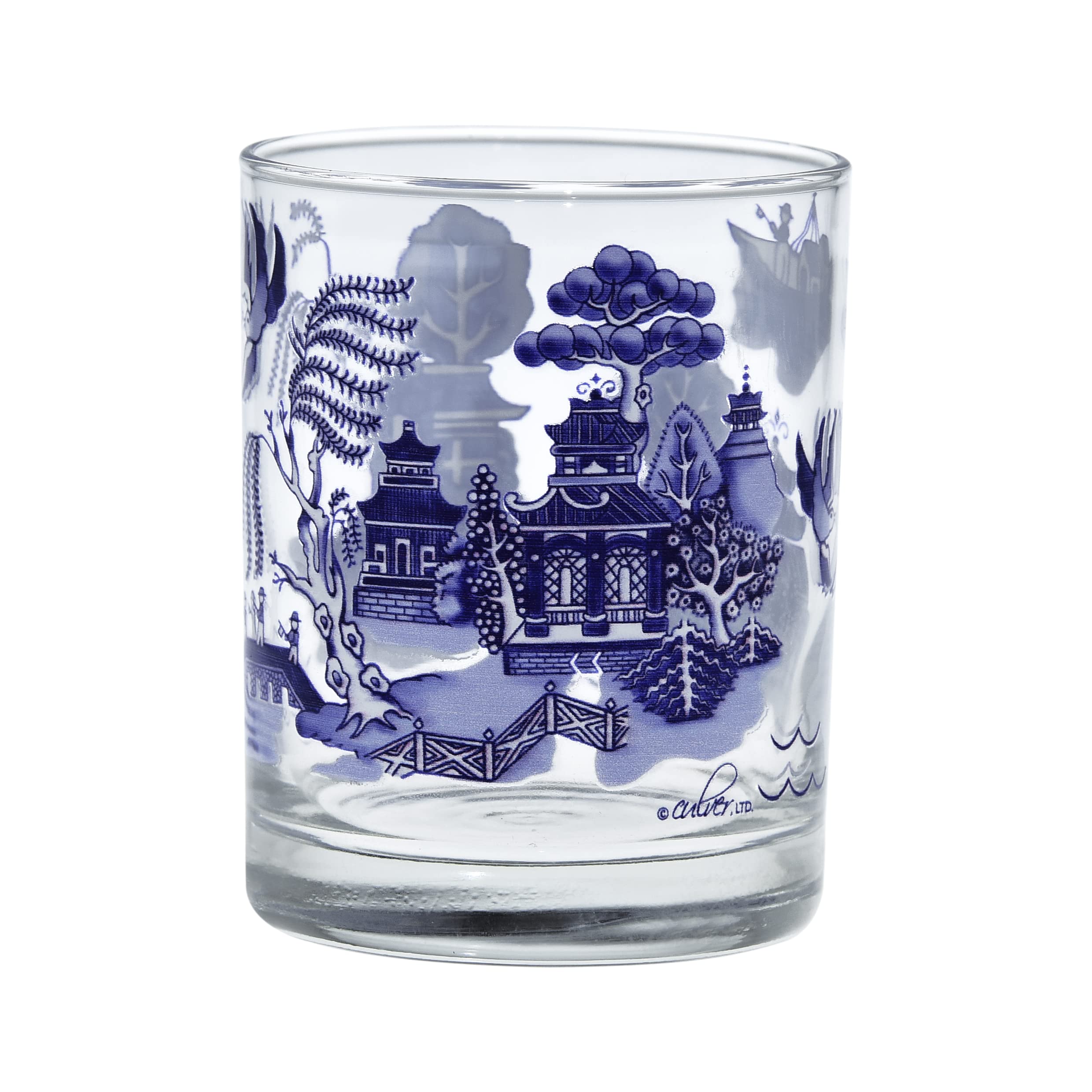 Culver Blue Willow DOF Double Old-Fashioned Glasses, 13.5-Ounce, Gift Boxed Set of 2