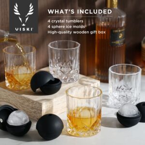 Viski Admiral Whiskey Glass Set - Crystal Old Fashioned Glasses with Ice Spheres in Gift Box - Dishwasher Safe Lowball Glasses 9oz - Set of 8