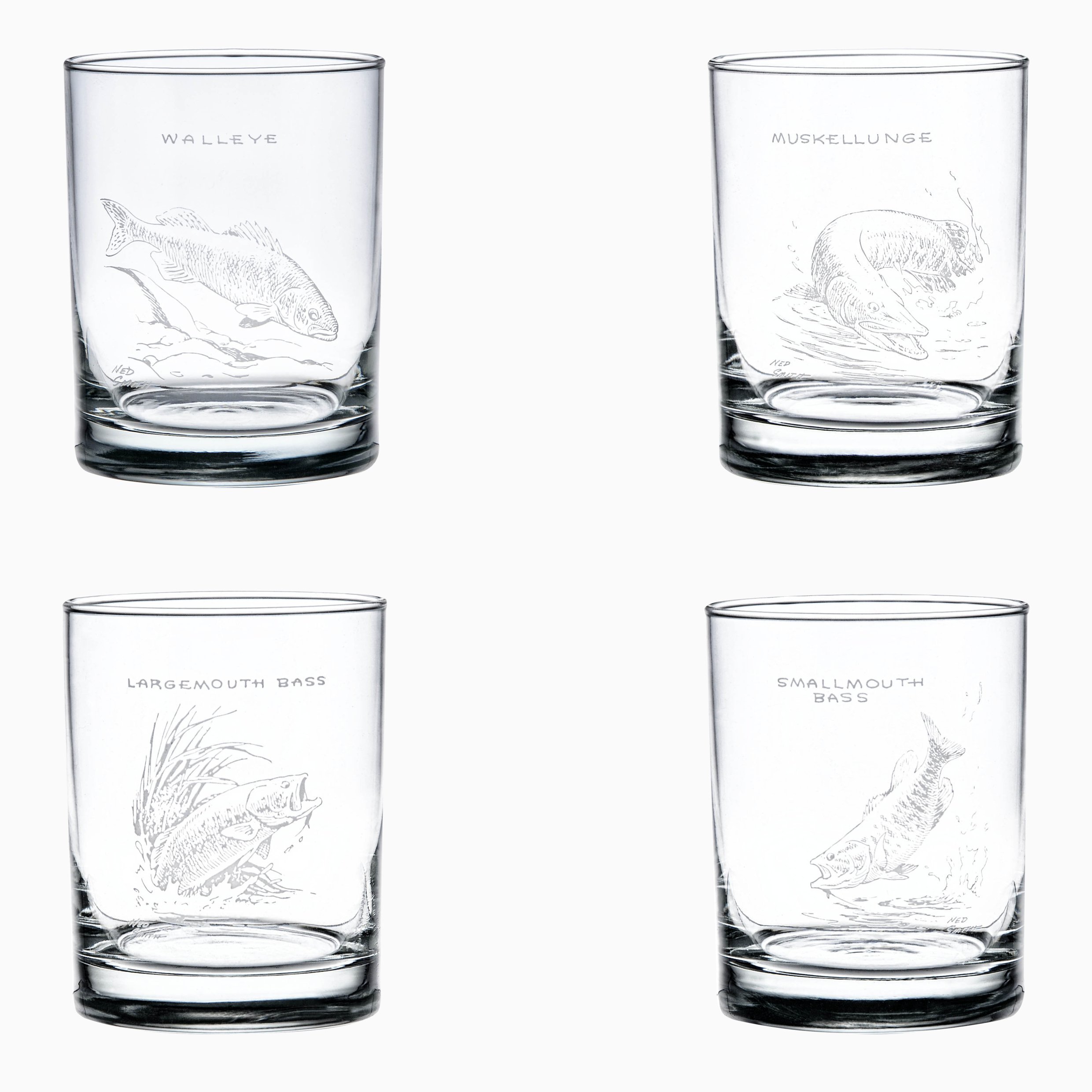 Culver Ned Smith Freshwater Fish 14-Ounce (DOF) Double Old Fashioned Glass Assorted Set of 4